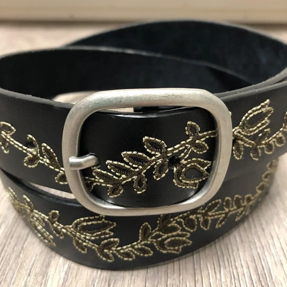 Vintage Black Leather Belt Floral Embroidery Silver Tone Large Statement Buckle